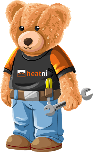 The HeatNI mascot — a teddy bear in a HeatNI t-shirt with a tool belt and wrench