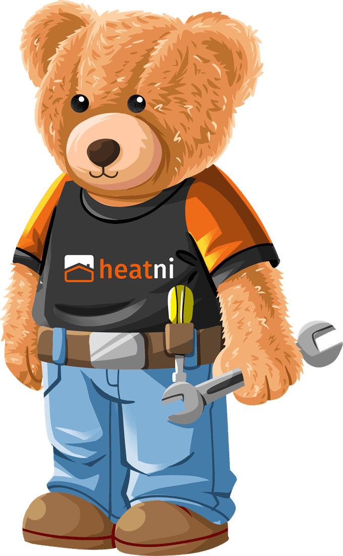 The HeatNI mascot — a teddy bear in a HeatNI t-shirt with a tool belt and wrench